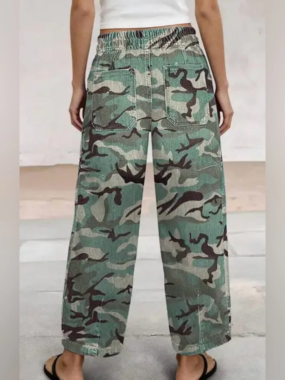 Flamingal Camo Drawstring Mid Waist Barrel Leg Crop Pants